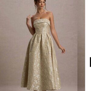 Club L London, Zuma Gold Metallic Jacquard Strapless Mini Dress